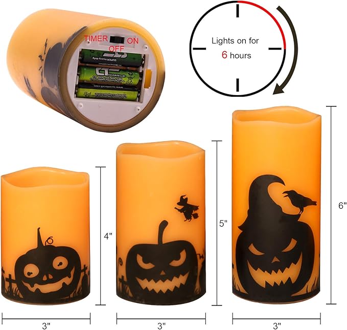Eldnacele Halloween Flameless Candles, LED Flickering Battery Pillar Candles with 6H Timer and Pumpkin Decals, Spooky Fall Halloween Festival Party Decoration Set of 3 (D 3” x H 4” 5” 6”)