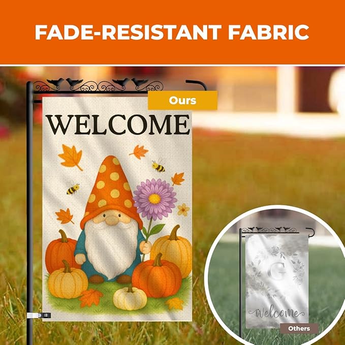Fall Gnome Pumpkin Garden Flag 12x18 Double Sided – Burlap Front Yard Flag, Garden Flag Welcome, Weatherproof Farmhouse Outdoor Decor