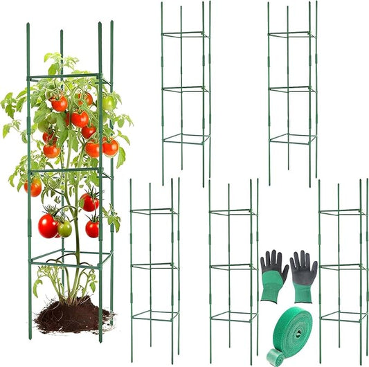 6Pack 12" Width Up to 48" Height Adjustable Square Tomato Cages for Garden, Plant Support Stakes for Climbing Vegetable, Tomatoe, Flower, with Twist Ties Snap-On Stake Arms