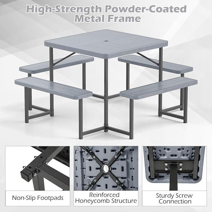 Tangkula 8 Person Picnic Table, HDPE Outdoor Square Table and Bench Set with 4 Built-in Benches, Umbrella Hole, Metal Frame for Garden Yard Patio Lawn