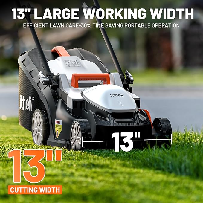 Litheli Electric Lawn Mower Cordless,Grass Cutter Machine for 1300 Sq.Ft.Lawnmower with Motor,13.1 in Cutting Width,8 Gallon Capacity,Cutting Height from 1 to 2.5 in （Without Battery）