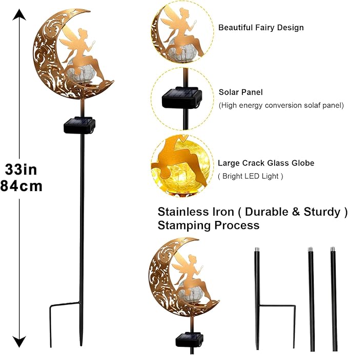 YJFWAL Garden Solar Lights Pathway Stake Lights Moon Fairy Glass Globe with Angel Decor, Gifts for Mom Grandma Friends, Outdoor Decor Light Waterproof for Walkway, Yard, Patio or Garden (Warm White)