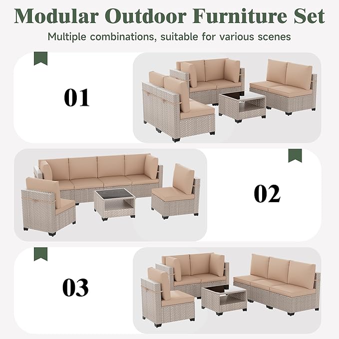 8 Pieces Patio Furniture Set with Fire Pit Table, Outdoor Sectional Wicker Sofa with Thick Cushions and Storage Coffee Table, Rattan Patio Conversation Sets, Khaki