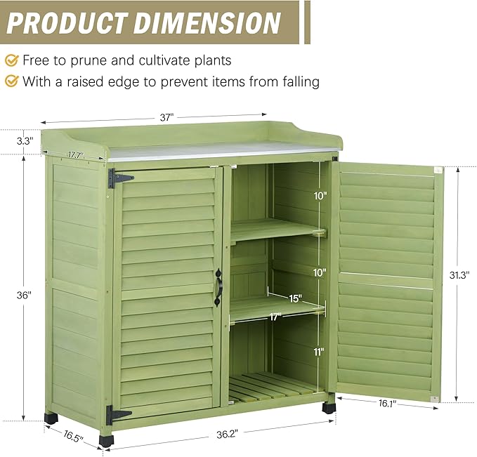 Outdoor Potting Bench with Metal Work Top,Waterproof Garden Storage Cabinet,Wooden Tool Station Shed for Backyard,Patio,Lawn Gardening