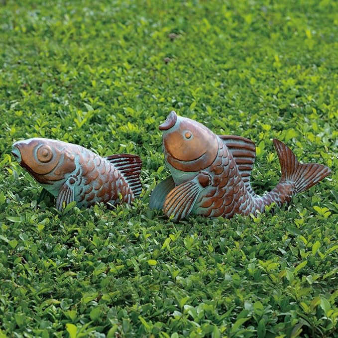 G/N Set of 2 Koi Fish Decor Outdoor Statue Sculpture Garden Pond Fishes Yard Art Antique Copper Koi Sculptures & Statues Large Metal Koi Fish Figurine Ornaments Décor Gifts for Women Mom Grandma
