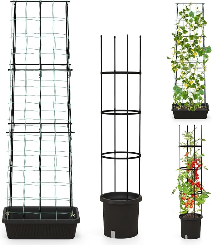 Happygrill 2 Pack Tomato Cage, Metal Garden Trellis w/Adjustable Height & Self-Watering System for Vines Potted Plants Vegetables, Tall Plant Support Tomato Trellis w/Planter Box
