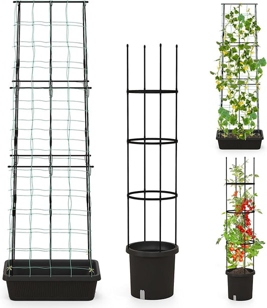 Happygrill 2 Pack Tomato Cage, Metal Garden Trellis w/Adjustable Height & Self-Watering System for Vines Potted Plants Vegetables, Tall Plant Support Tomato Trellis w/Planter Box