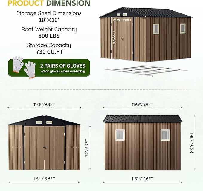 Breezz Outdoor Storage Shed 10 x 10ft. Utility Tool Shed Metal Storage Garden Shed with Lockable Doors, Windows & Metal Frame Floor for Patio Storage,Brown