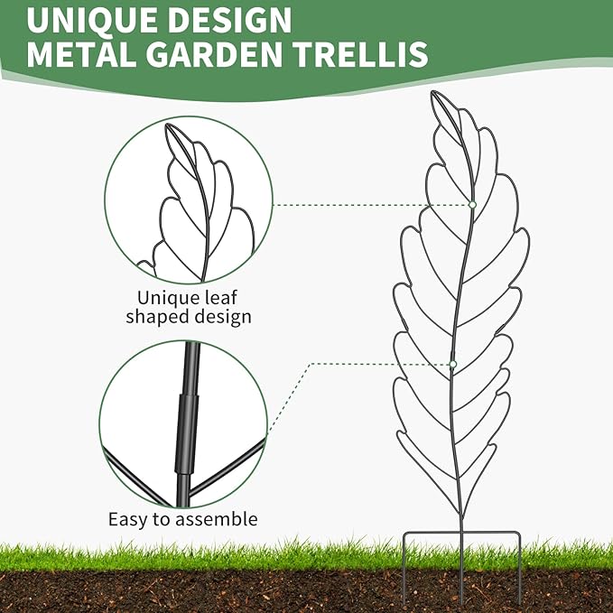 SUNYRISY 3Pack Leaf Metal Garden Trellis for Climbing Plants Outdoor, Metal Plant Trellis for Flowers Tomato Cucumber Rose Vegetable Support Garden Decoration, Black