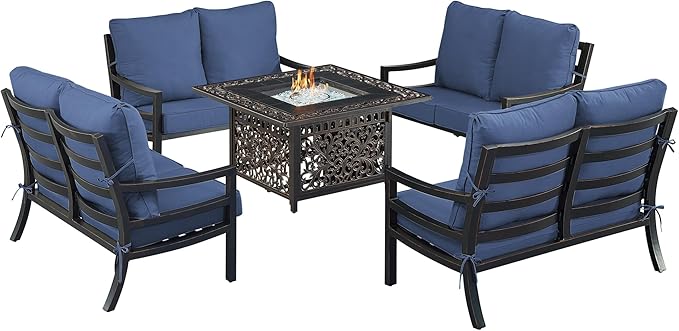 Oakland Living Black Aluminum Patio Fire Table Set with Four Deep Seating Loveseat with Cushions with Blue Cushions