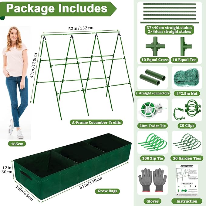 Cucumber Trellis for Garden, 50 x 54 Inches A Frame Gardening Trellis with Fabric Raised Garden Bed, Climbing Net and Plant Support Clips for Climbing Plants