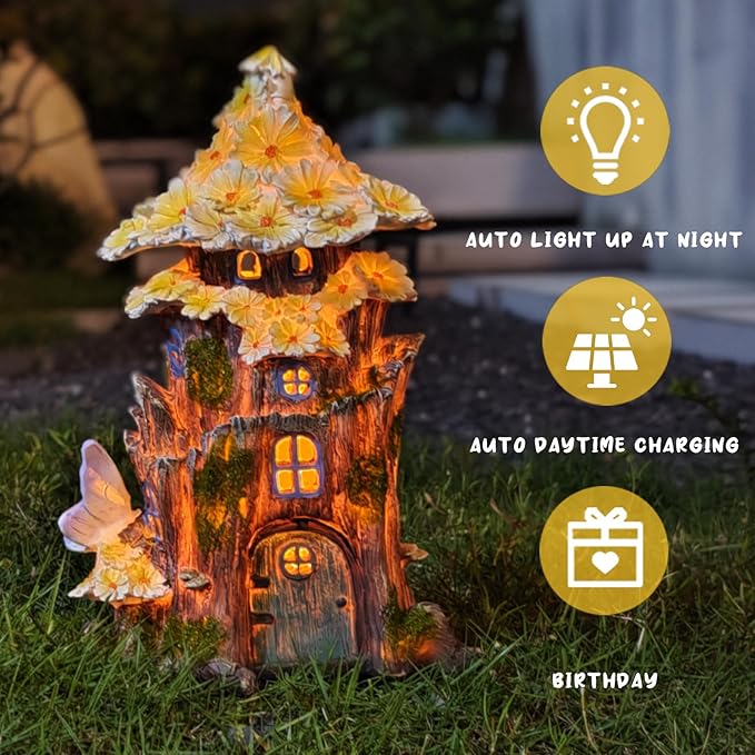 COWOS Solar Fairy House, Fairy Garden Decor House, Solar Powered Lights Garden Figurine for Outdoor Patio Lawn Yard Garden Decorations