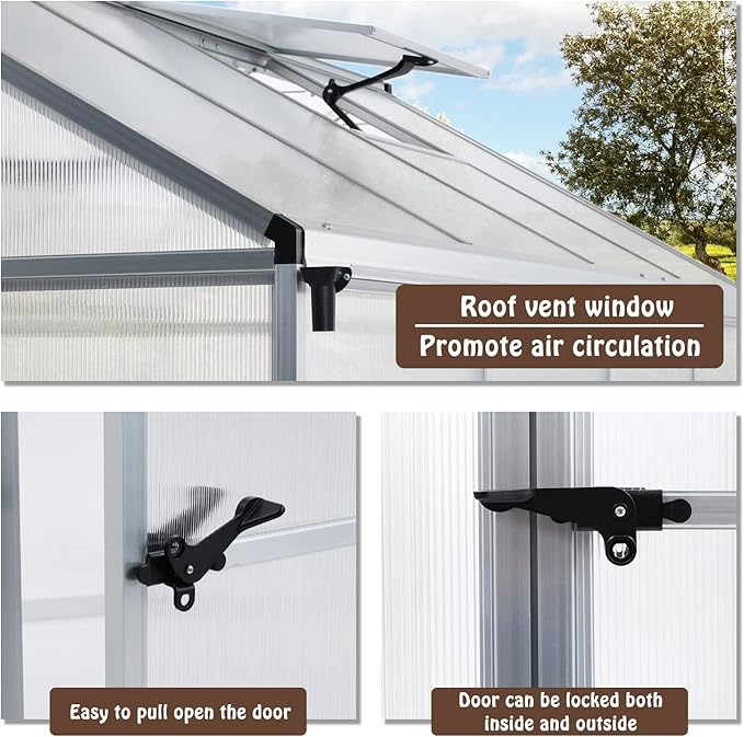 BPS 6' x 8' Walk-in Polycarbonate Greenhouse with Heavy-Duty Aluminum Frame, 1 Vent Window & Lockable Door for Outdoor, Patio, Backyard, and Garden Use