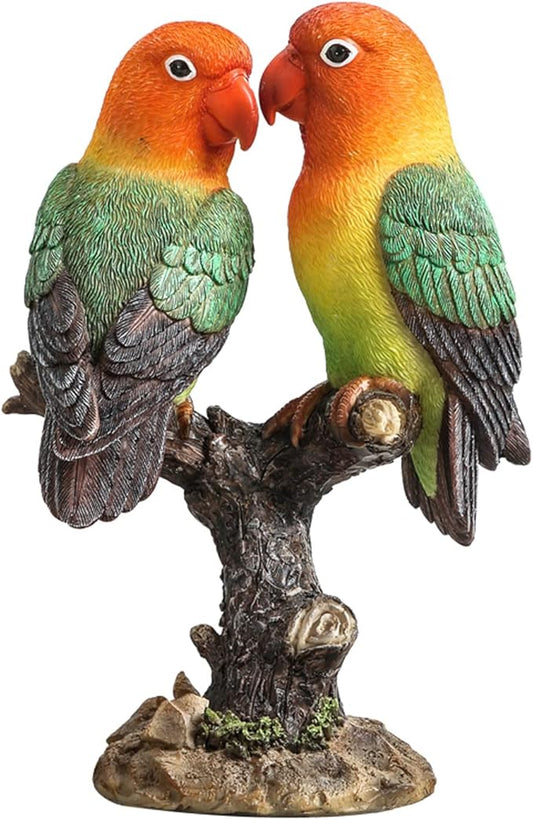Lovebird Parrot on Stump Statue - Tree Hugger Garden Statues, Resin Parrot Figurines Lifelike Tropical Bird Sculptures for Patio Lawn Yard Home Desktop Decoration - Multicolor