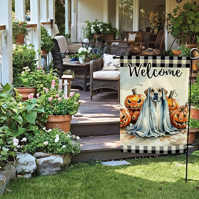 Ghost Dog Garden Flag with Jack O'Lantern Pumpkins Design Double Sided Farmhouse Welcome Decorative Small Burlap Flags 12.5 x 18 Inch for Outdoor Halloween Decor (Black)