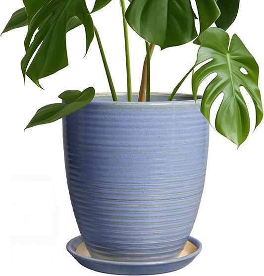 EEPFamily 8 Inch Plant Pot- Ceramic Planter for Indoor Outdoor with Drainage Hole and Plant Tray, Modern Round Porch Home Office Garden Living Room Decor, House Warming Gifts, Blue-Purple