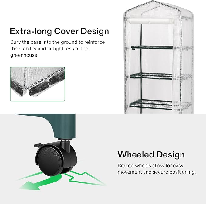 VIVOSUN Mini 4-Tier Greenhouse with Wheels, 27 x 19 x 63-Inch Reusable Portable Warm House with White PE Cover and Shelf for Compact Garden and Small Backyards, with Wheels