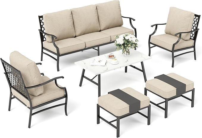 Patio Furniture Set, Modern Metal Outdoor Patio Furniture, 3 Seater Sofa, 2 Single Chairs, 2 Ottomans, Coffee Table and 5.75" Extra Thick Cushion, Patio Conversation Set for Backyard