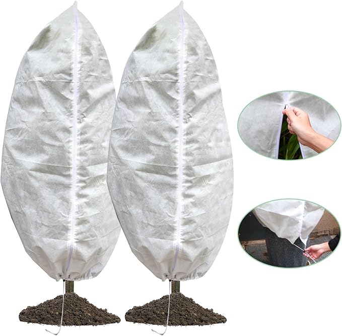 2 Packs Plant Covers Freeze Protection, 75"W X 90"H Large Frost Blankets 2.47oz/yd² with Zipper Drawstring, Reusable Frost Cloth Tree Covers Shrub Jackets for Winter Outdoor Plants Fruit Tree Potted