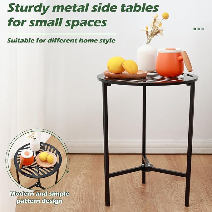 2 Packs 13" Metal Outdoor Side Tables Small Black Outside End Table for Patio Round Accent Garden Corner Stand for Small Spaces Weather-resistant Coffee Table for Balcony Porch Plant Stand