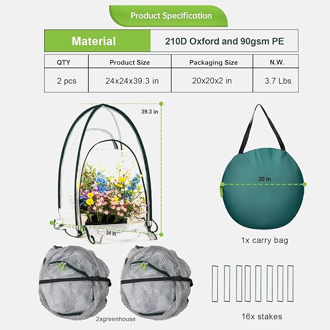 Pop up Greenhouse Tent Cover Tunnel Plant House,Large Gardening Flower Sunshine Room with Mesh Windows,Backyard PE Cover for Cold Frost Protector with Stakes and Rope Guys (Mini Size 29″)