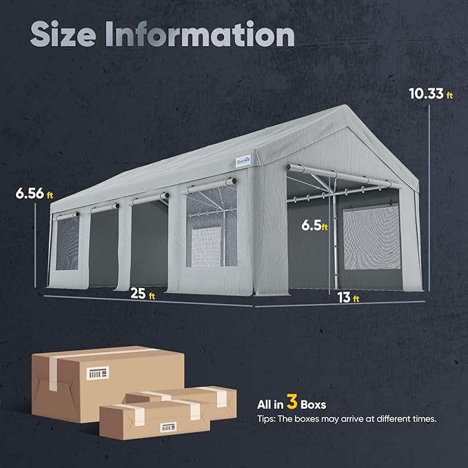 Quictent Heavy Duty 13x25 ft Carports with Side Zipper Doors & Snowproof Steel Cables & Ventilated Windows, Waterproof Storage Shelter for Car, Boat, RV, Outdoor Equipment, Gray
