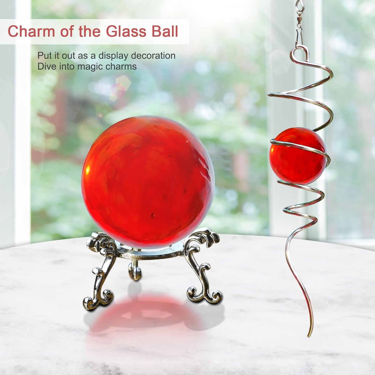Gazing Ball Spiral Tail with Red Glass Orb, Wind Spinner Stabilizer, Spiral Wind Spinners Tail, Hanging Outdoor Garden Decor, Yard Art Ornament, Christmas Decoration, Sun Catcher 13inch