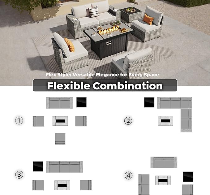 ovios 7 Pieces Patio Furniture Set, Outdoor Wicker Sectional Sofa with 42 Inch Fire Pit Table Comfy Cushions, Modern Modular Deep Seat Rattan Couch Conversation Set, Beige