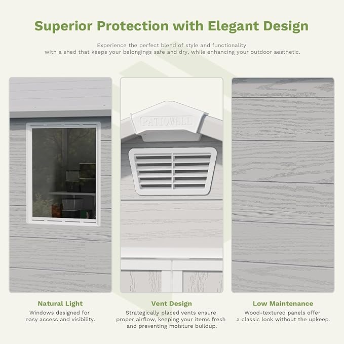 Patiowell 6 x 6 FT Outdoor Storage Shed with Lockable Door & Floor - Resin Garden Tool Shed with 2 Windows, Waterproof Easy Assembly for Backyard, Lawn Equipment, Patio Furniture Storage (Light Grey)