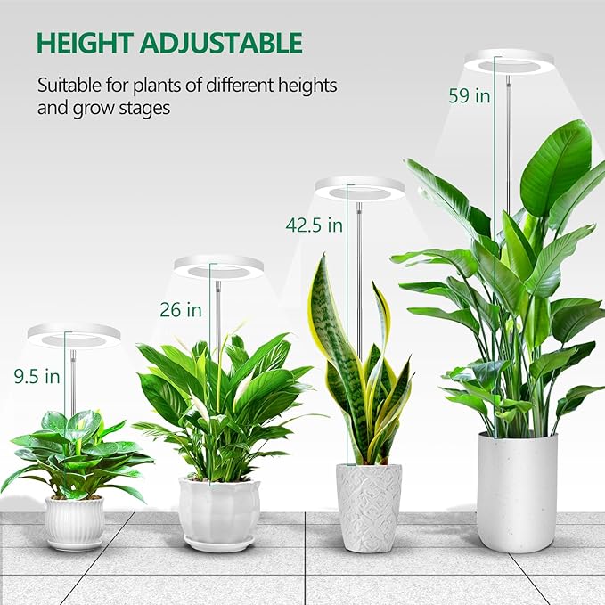 WaterRebirth 8 inch Grow Lights - Large Plant Light with 3 Timers, 10 Level Dimmable Brightness, Full Spectrum Lamp, Height Adjustable for Tall Plants