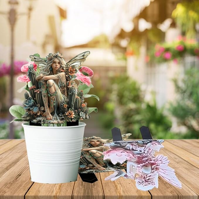 Fairy Garden Stake Decor, 2D Flat Acrylic Fairy Garden Decor Panel, Elf Yard Sign for Outdoor Indoor Yard Lawn Plants Pots, Fairy Garden Accessories (Cactus Fairy)