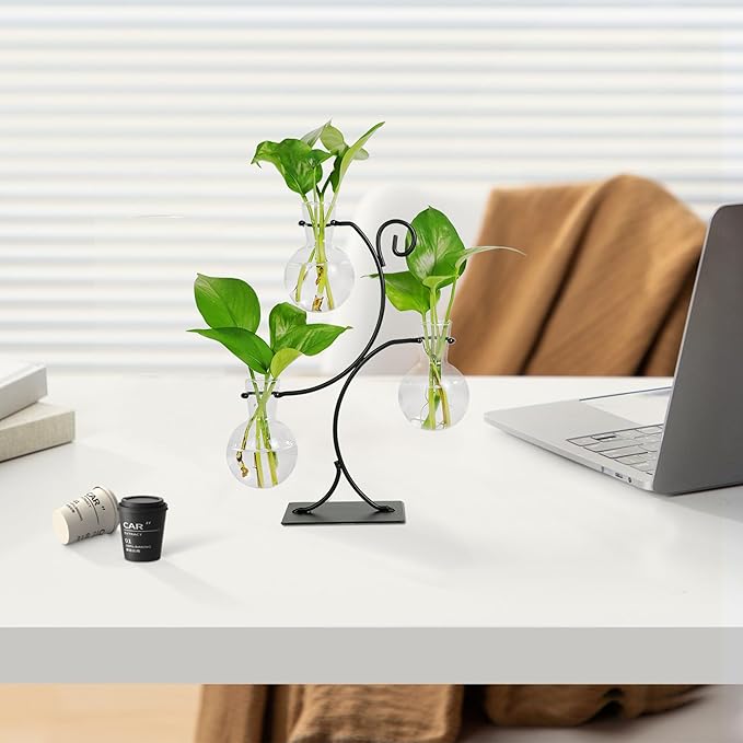 2025 New Desktop Plant Propagation Stations, Plant Terrarium with Metal Stand, 3 Bulb Glass Propagation Vases for Hydroponic Plants, Home Office Decor Planter Gardening Gifts for Women