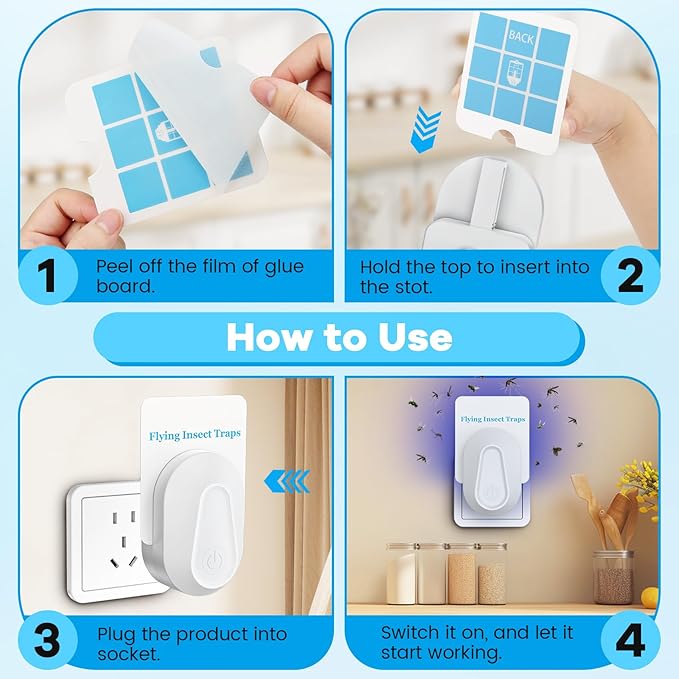 Indoor Fly Trap Plug-in Insect Traps 2 Devices with 6 Refills Fruit Fly Traps for Indoors Gnat Killer for House Flies, Flying Bugs, Moths, Mosquitoes (2 Device 6 Refills)