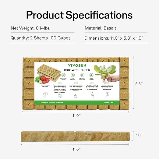 VIVOSUN 1" Rockwool Cubes, 200 Plugs Stonewool Starter Grow Cubes for Cuttings, Cloning, Plant Propagation, Seed Starting, Hydroponic Grow Media for Vigorous Plant Growth, 4 Sheets of 200 Plugs