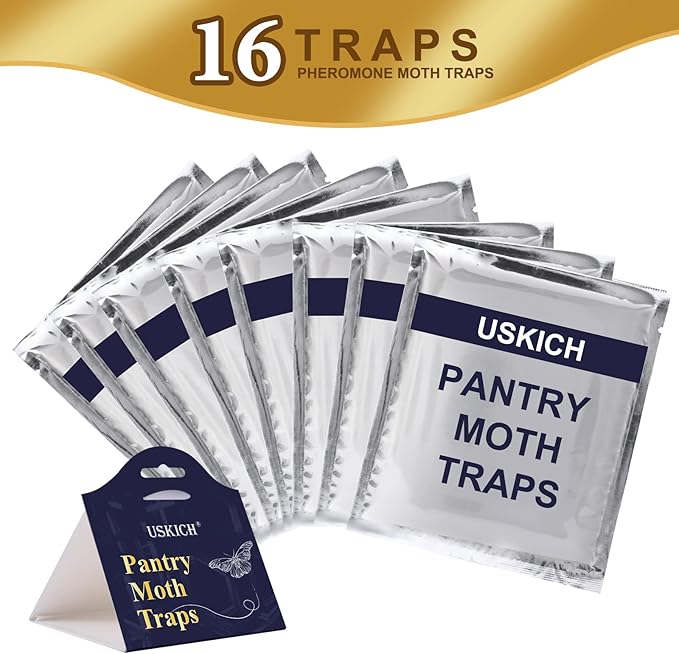 Moth Traps for Pantry Moths, 16 Pack Kitchen Moth Traps with Pheromones Prime, Non-Toxic Easy Setup Sticky Glue Trap for Food and Cupboard Moths in Your Kitchen (Organic)