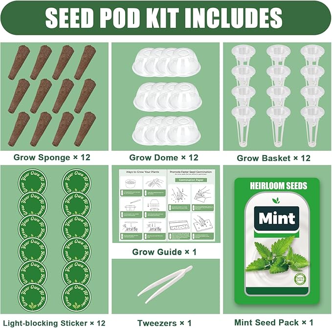 Mint Seed Pods for All Hydroponics Growing Systems, 12 Pods Herb Kit with Seeds of Peppermint, Grow Your Own Herb Garden at Home