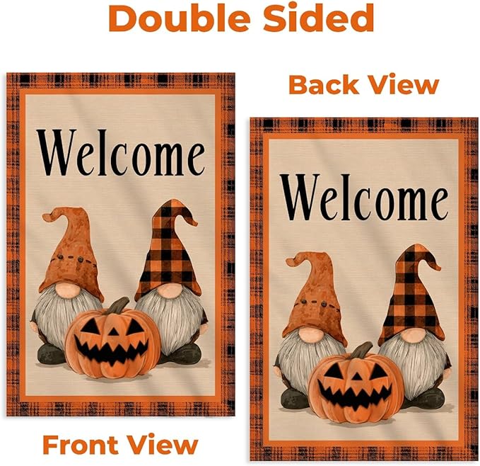 Welcome Halloween Garden Flag with Gnome and Pumpkin – 12x18 Double Sided Burlap Halloween Flag for Outside – Fall Yard Decor for Garden or Porch