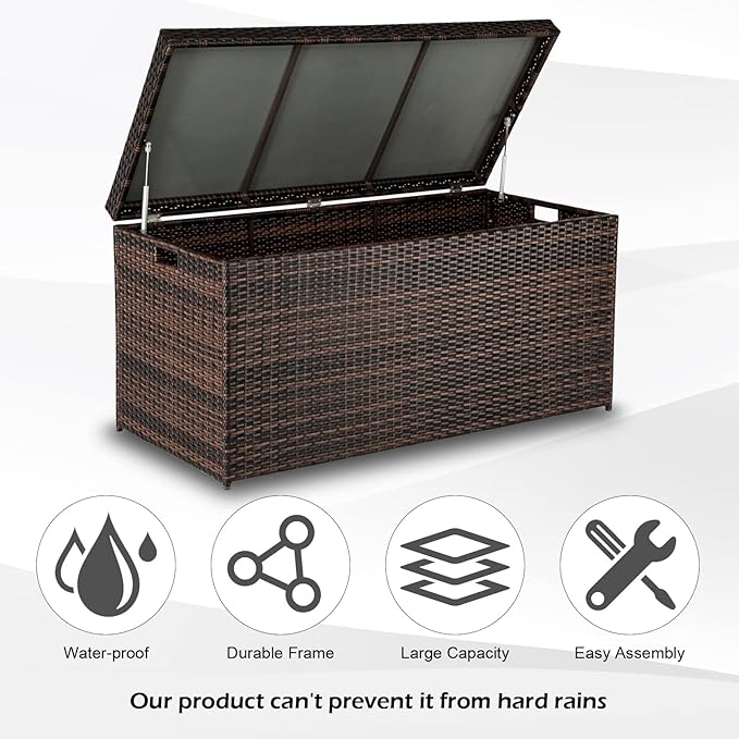 VINGLI Outdoor Wicker Storage Box, 132 Gallon Patio Rattan Deck Box, Wicker Storage Bench for Indoor, Outdoor, Pool, Balcony, Yard, Garden – Dark Brown