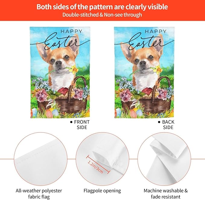 Happy Easter Chihuahua Dog Flowers Eggs Bunny Garden Flag Welcome Party Outdoor Outside Decorations Picks Home House Garden Yard Decor 12x18 Inch
