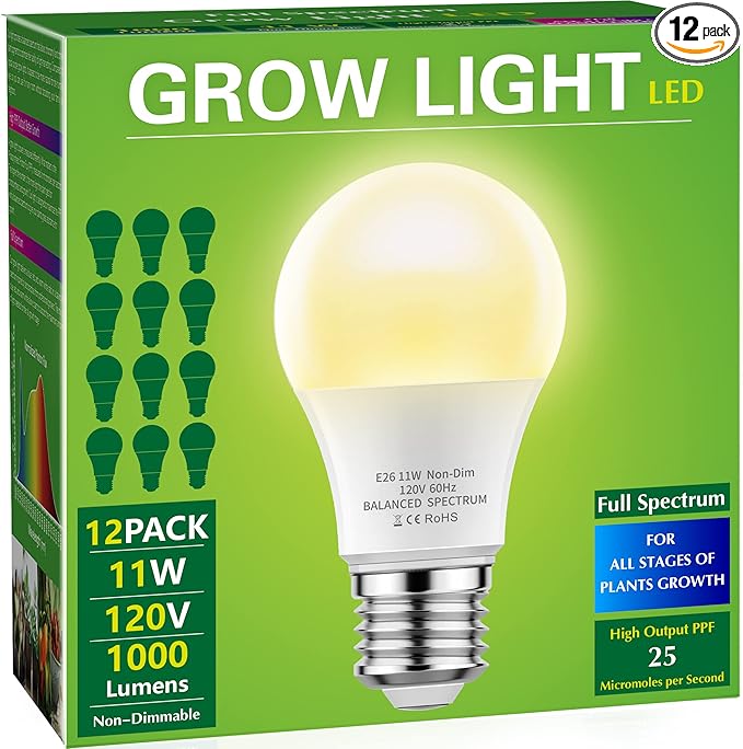 Briignite Grow Light Bulbs, LED Grow Light Bulb A19 Bulb, Full Spectrum Grow Light Bulb, Plant Light Bulbs E26 Base, 11W Grow Bulb 100W Equivalent, Grow Light for Indoor Plants, Seed Starting, 12Pack