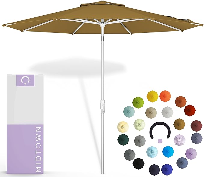 Midtown Umbrellas The Swilt 9 Feet Patio Umbrella in Terylast Sand (Tan) Polyester Fabric - Fiberglass Ribs, Auto-Tilt Aluminum Frame For Backyard, Deck, Garden, Pool - White Pole