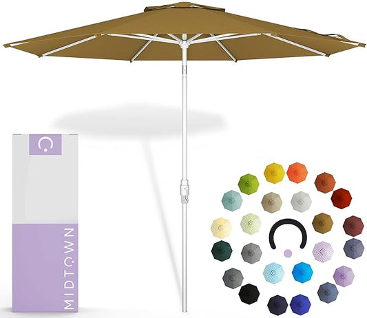 Midtown Umbrellas The Swilt 9 Feet Patio Umbrella in Terylast Sand (Tan) Polyester Fabric - Fiberglass Ribs, Auto-Tilt Aluminum Frame For Backyard, Deck, Garden, Pool - White Pole