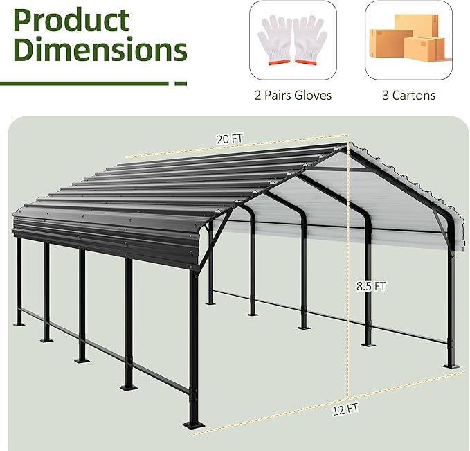 JAMFLY Carport, 12X15 FT Metal Carport, Heavy Duty Carport Canopy with Galvanized Steel Roof and Frame, Metal Car Garage Upgraded Extra Large Garage for Pickup, Boat, Car and Tractors