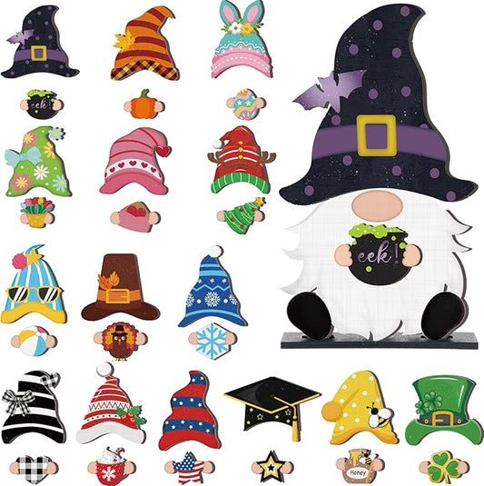 Blulu Interchangeable Wooden Gnome Decor DIY Holiday Seasonal Fall Gnomes Halloween Tiered Tray Decoration with Magnet Pieces Halloween Welcome Sign for Holiday Decorations(Cute)