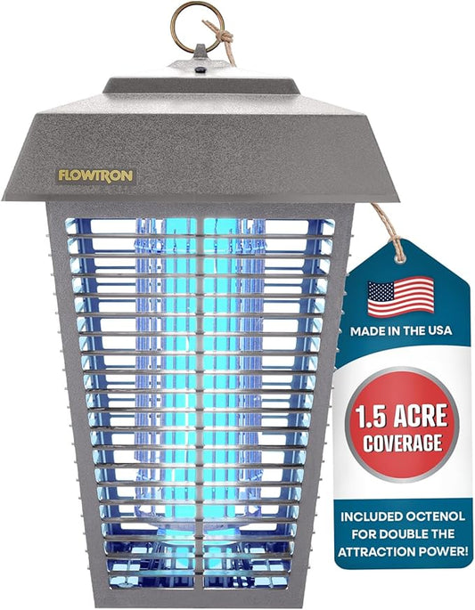 Flowtron Bug Zapper, 1-1/2 Acre of Outdoor Coverage with Powerful 80W Bulb & 5600V Instant Killing Grid, Electric Insect, Fly & Mosquito Zapper, Made in The USA, UL Certified - Grey Color