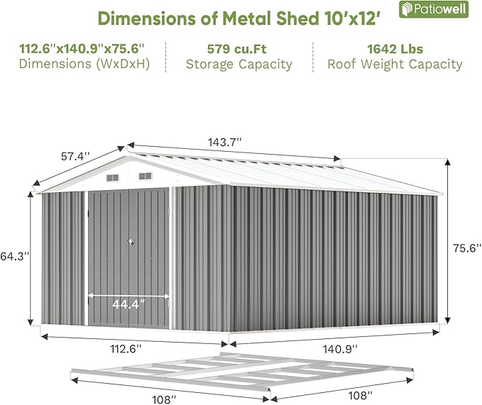 Patiowell 10 x 12 FT Metal Storage Shed for Outdoor with Floor Frame, Steel Yard Shed with Design of Lockable Doors, Utility and Tool Storage for Garden, Backyard, Patio, Outside use, Grey