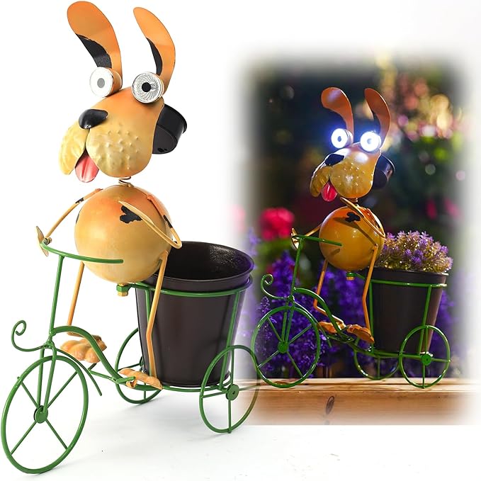 14”Solar Bike Dog Statue Lights Outdoor Metal Yard Art, Funny Bicycle Plant Stand for Garden Patio Decor Lawn Ornaments,Gift for Dog Lovers