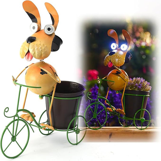 14”Solar Bike Dog Statue Lights Outdoor Metal Yard Art, Funny Bicycle Plant Stand for Garden Patio Decor Lawn Ornaments,Gift for Dog Lovers