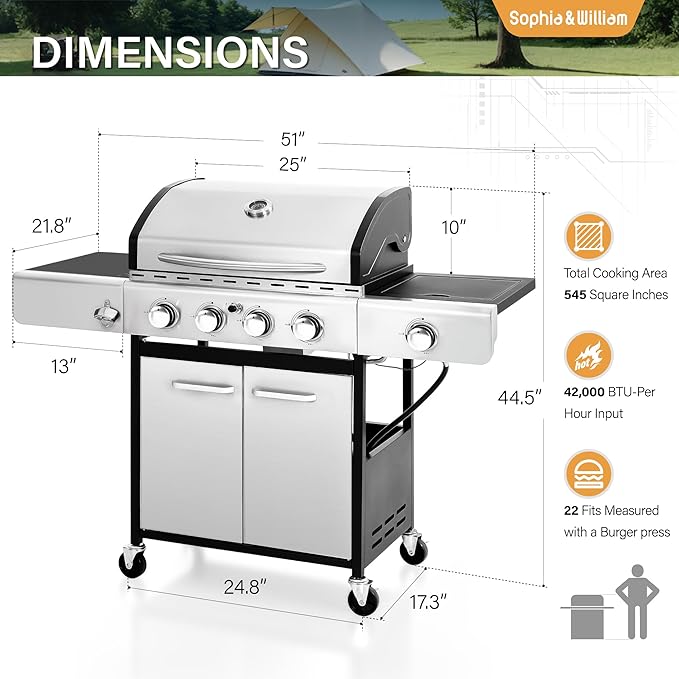 Sophia & William 4-Burner Propane Gas BBQ Grill with Side Burner and Porcelain-Enameled Cast Iron Grates, Stainless Steel Barbecue Grills Outdoor Cooking, Silver Cabinet Style, 42,000BTU