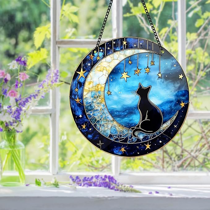 Black Cat Sun Catcher - Black Cat Bending Moon Acrylic Suncatcher Rainbow Maker Stained Acrylic Window Hanging Ornament Indoor Outdoor Decoration Home Garden Decor Chain Pendant Memorial